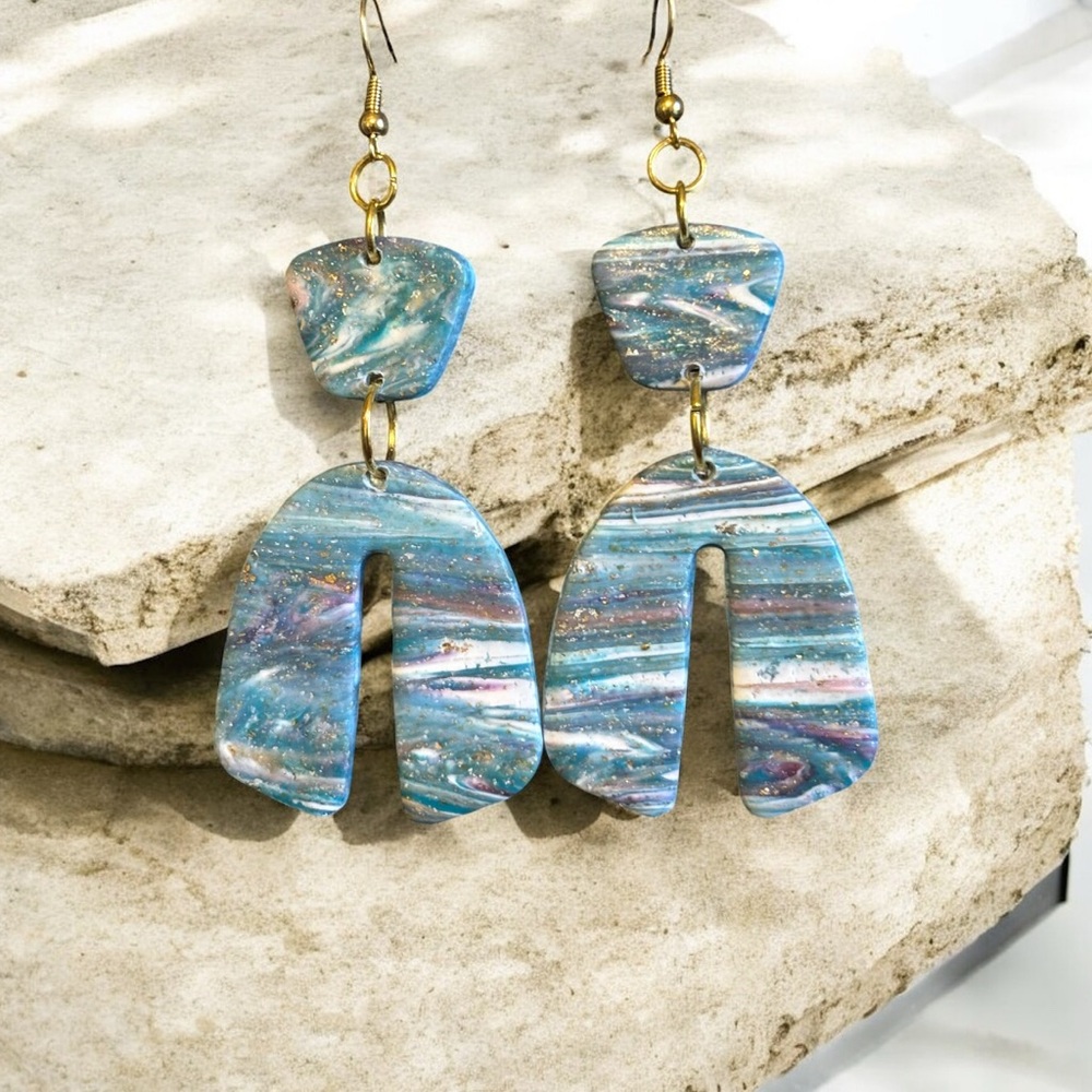 Artistic Blue and Gold Statement Earrings